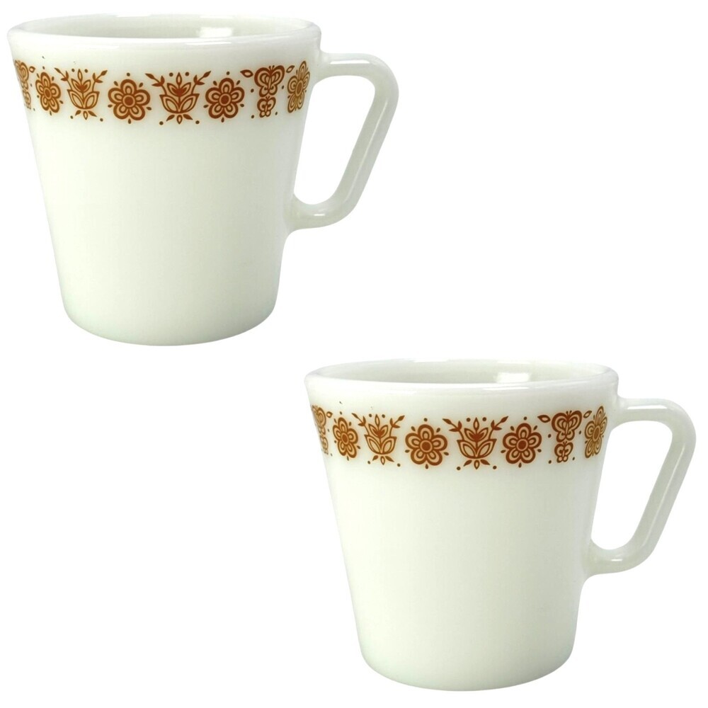 Two (2) Pyrex Coffee Mug Cup Corning NY USA MCM VTG Pattern Butterfly Gold